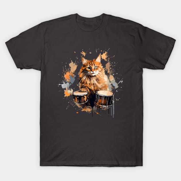 Maine Coon Cat Playing Drums T-Shirt by Graceful Designs